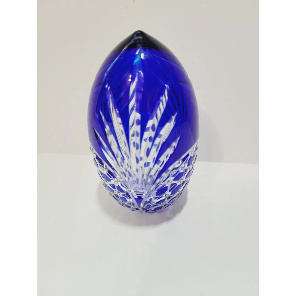 Vtg Bohemian Cobalt Blue Cut to Clear Crystal Egg Paperweight Art Glass 4.25
